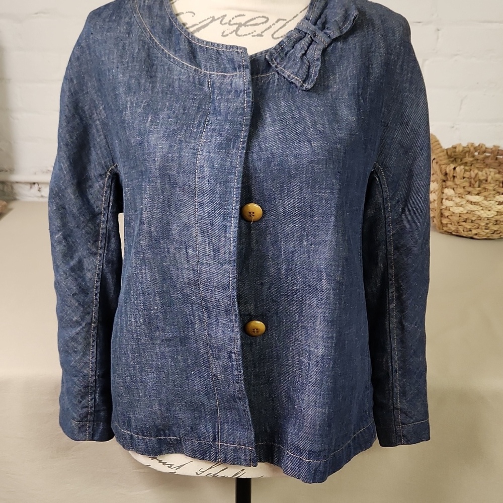 Talbots Blue Denim Jacket with Bow Accent SZ 16 Linen